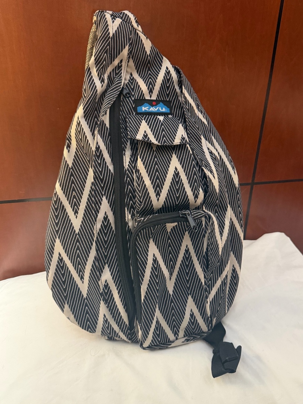Kavu Black and White Chevron Sling Backpack